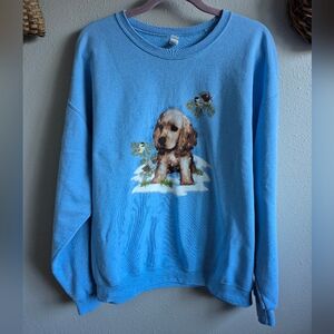 Vintage Puppy Cocker Spaniel Jerzees Light Blue Dog Graphic Sweatshirt. XL.
